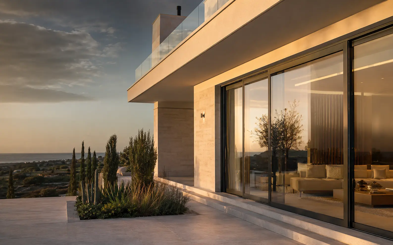 Slim aluminium glazing at a modern Cyprus home
